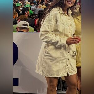 River Island Creamy White Denim Fringe Western Dress with Belt and Gold Hardware